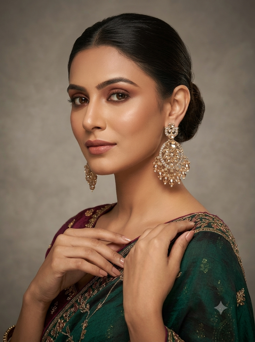 Elegant Golden Stone-Studded Chandbali Earrings for Women - Image 2