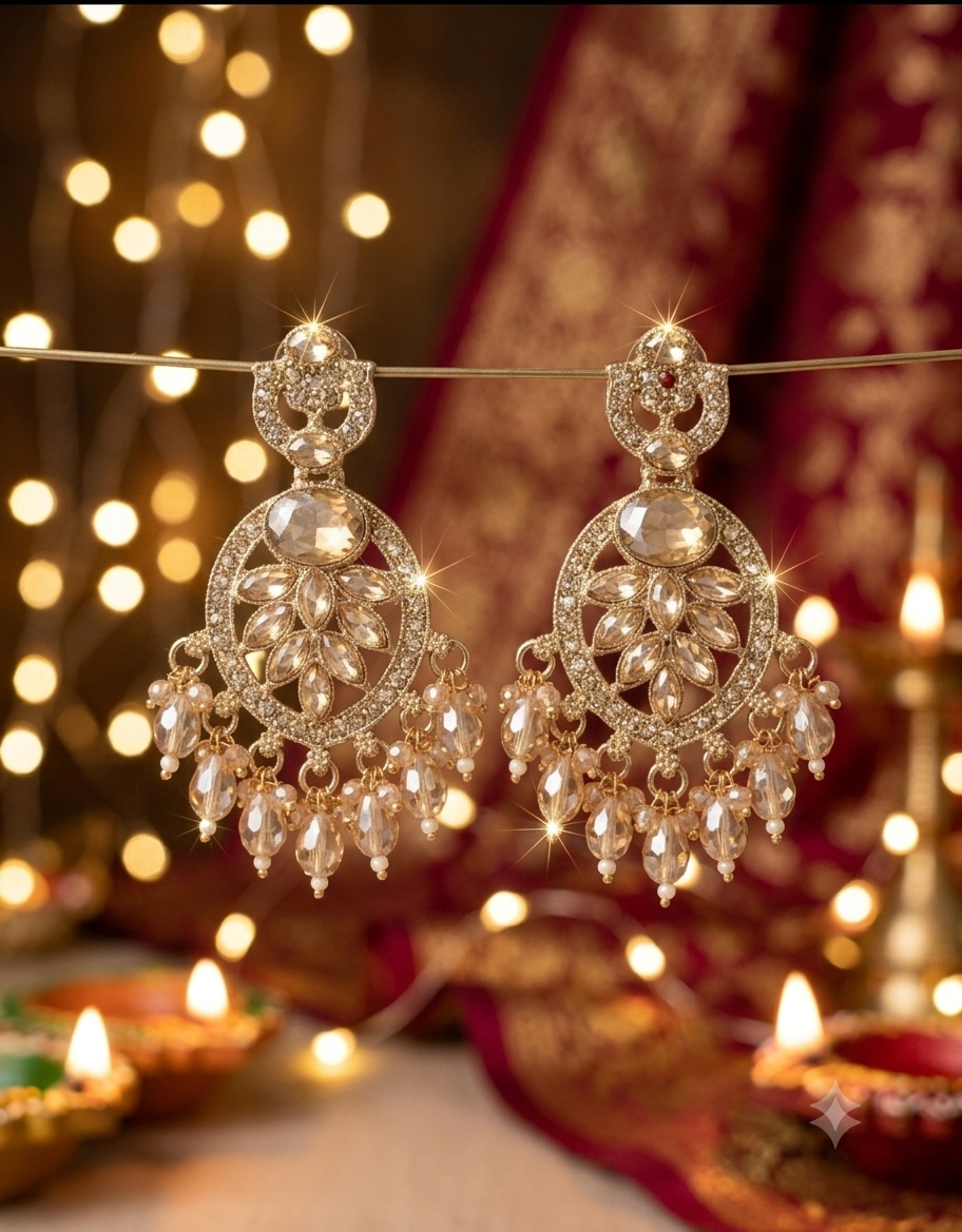 Elegant Golden Stone-Studded Chandbali Earrings for Women - Image 3
