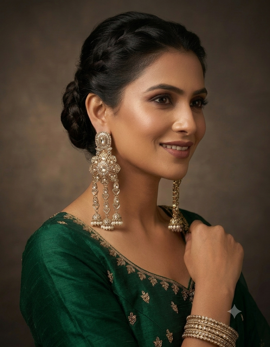 Golden Stone-Studded Traditional Jhumka Earrings - Image 5