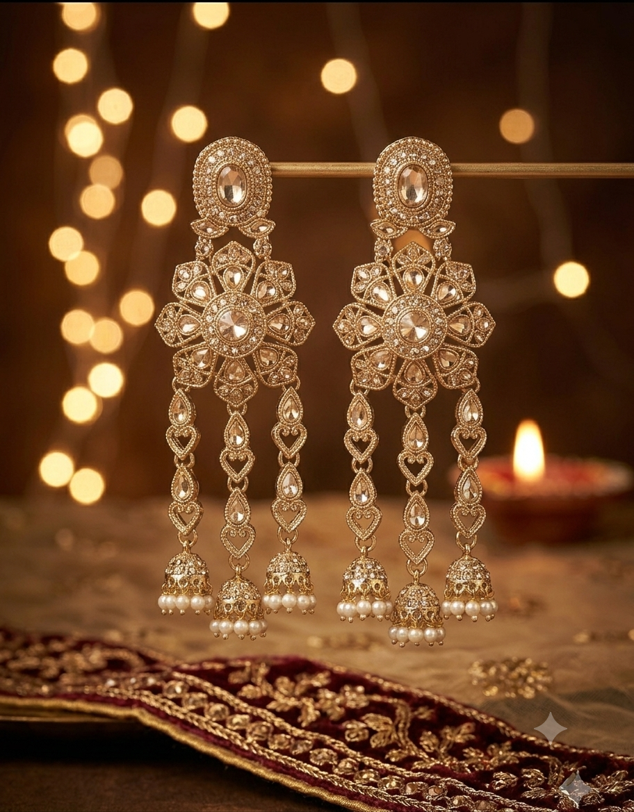 Golden Stone-Studded Traditional Jhumka Earrings - Image 4