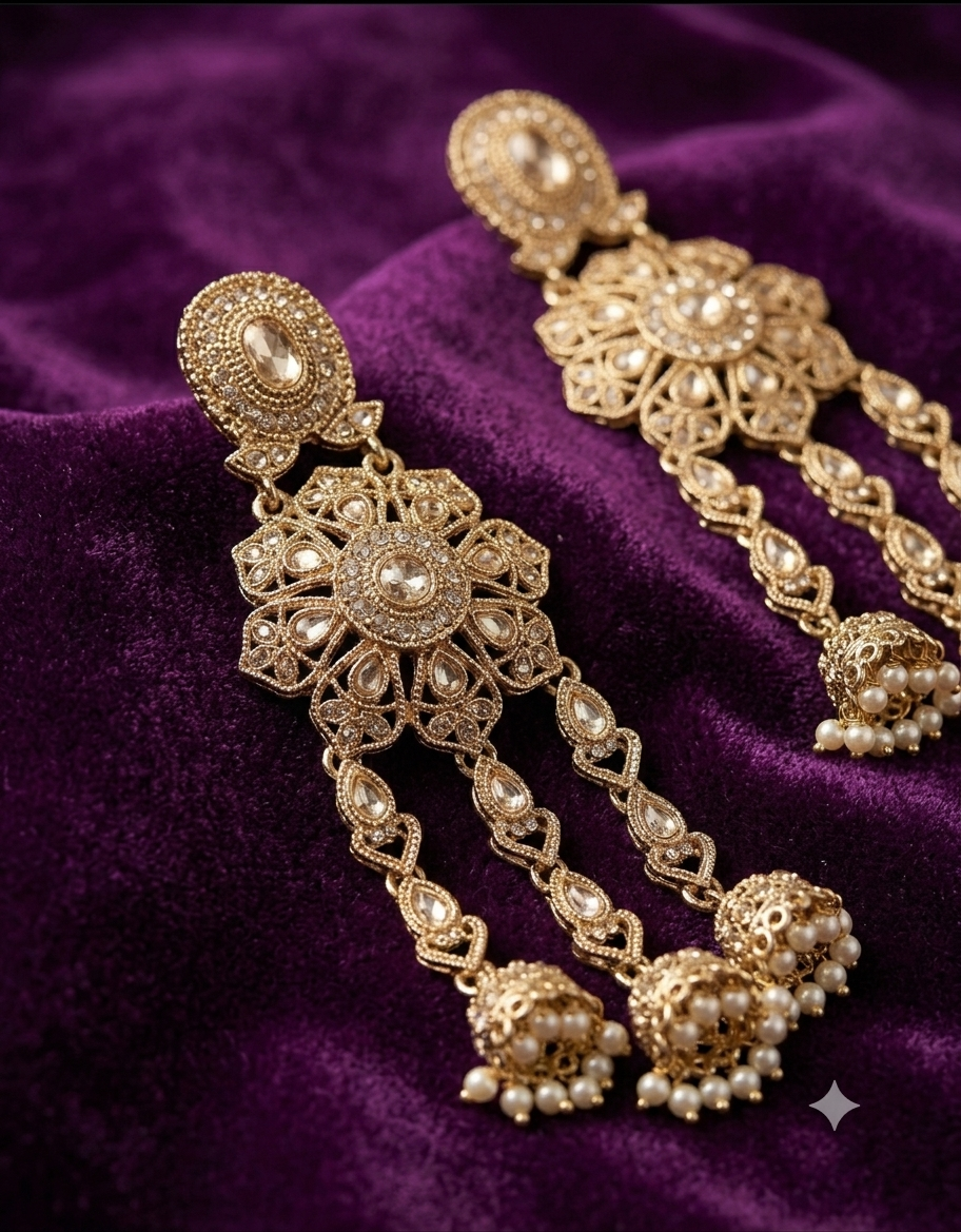 Golden Stone-Studded Traditional Jhumka Earrings