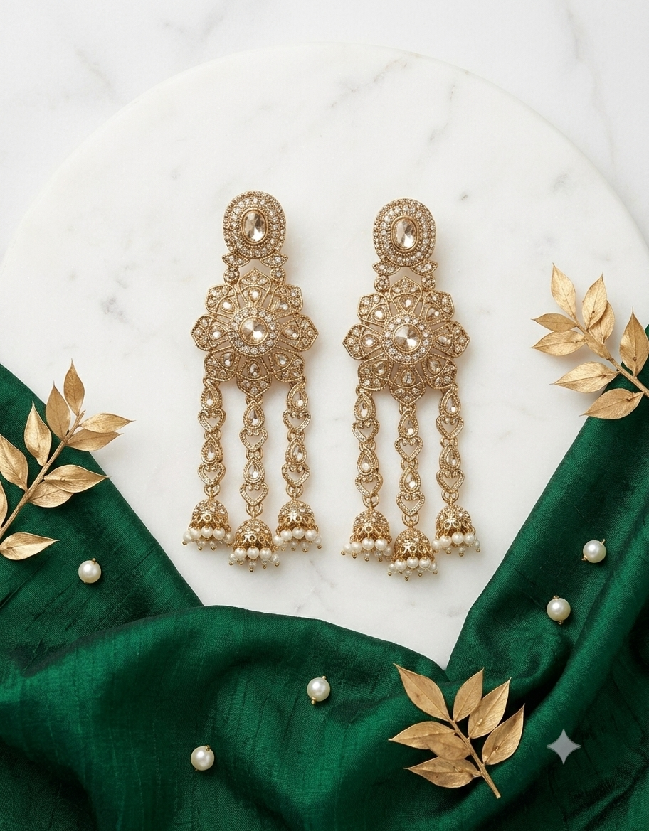 Golden Stone-Studded Traditional Jhumka Earrings - Image 3