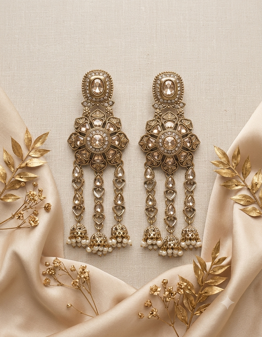 Golden Stone-Studded Traditional Jhumka Earrings - Image 2