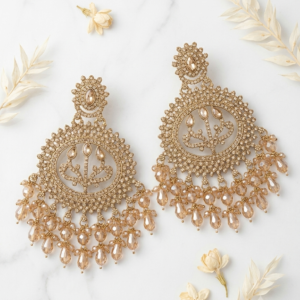 Elegant Gold-Tone Traditional Kundan Chandbali Earrings with Crystal Drops