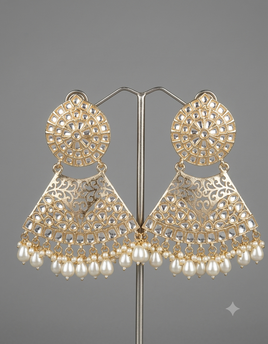 Elegant Gold-Plated Kundan Chandbali Earrings with Pearl Drops - Image 2