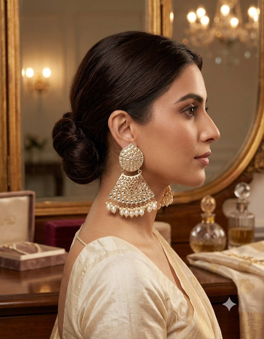 Elegant Gold-Plated Kundan Chandbali Earrings with Pearl Drops - Image 3