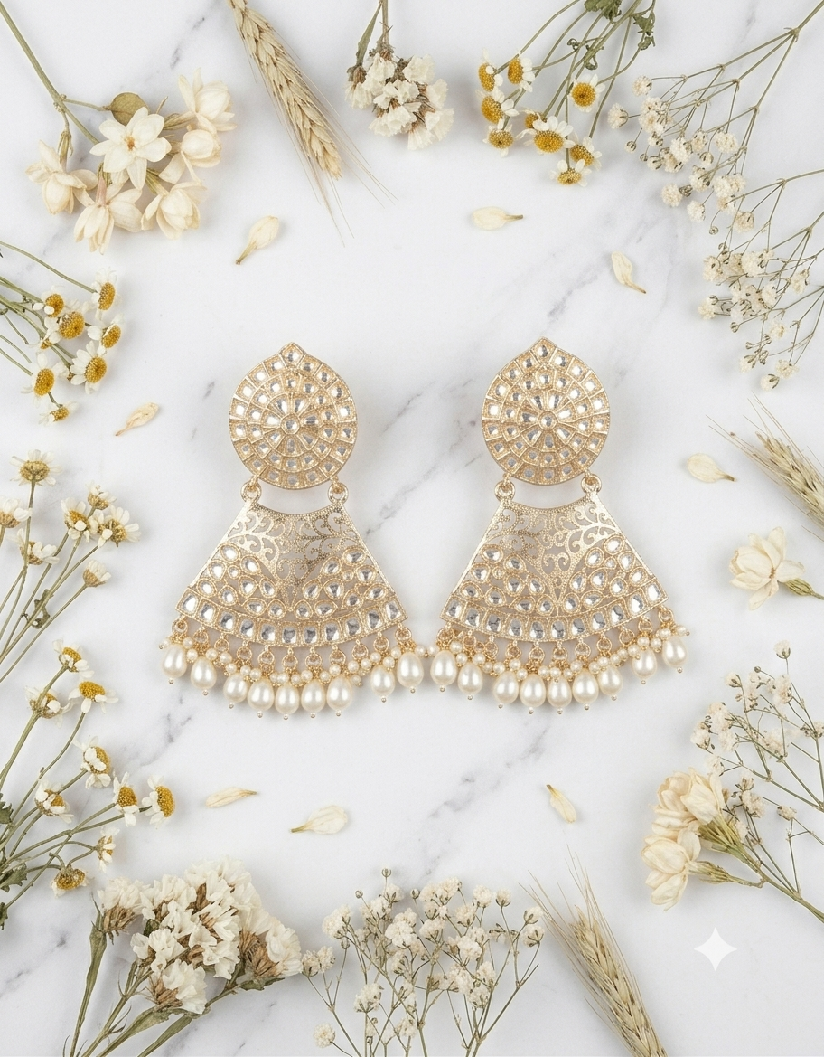 Elegant Gold-Plated Kundan Chandbali Earrings with Pearl Drops - Image 4