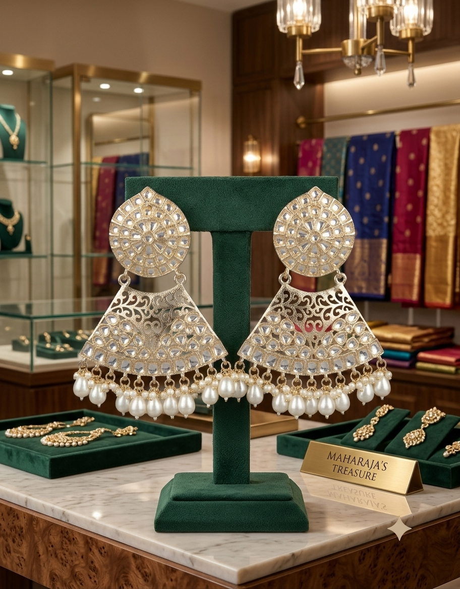 Elegant Gold-Plated Kundan Chandbali Earrings with Pearl Drops