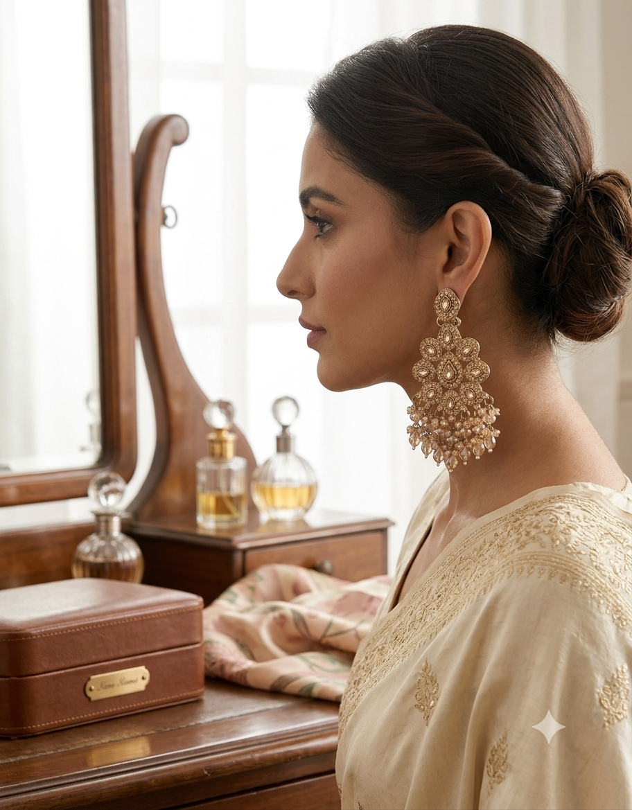 Luxury Gold-Tone Kundan & Crystal Chandbali Earrings - Image 4