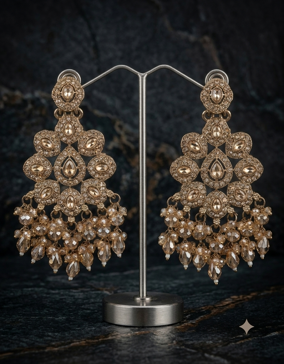 Luxury Gold-Tone Kundan & Crystal Chandbali Earrings - Image 3