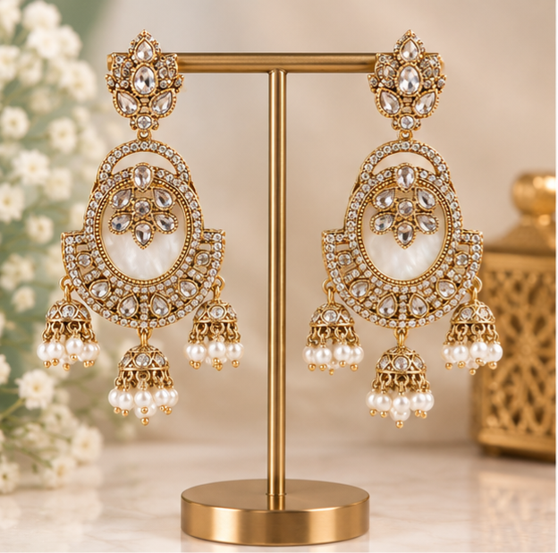 Gold-Plated Kundan Pearl Drop Earrings - Image 5