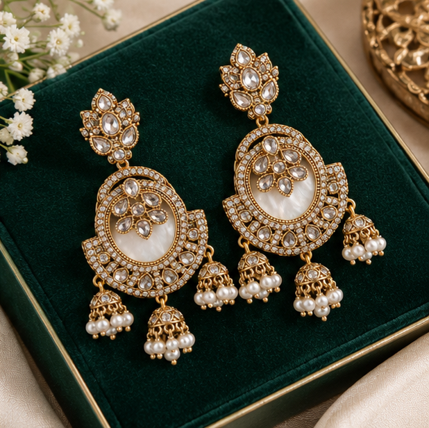 Gold-Plated Kundan Pearl Drop Earrings - Image 4