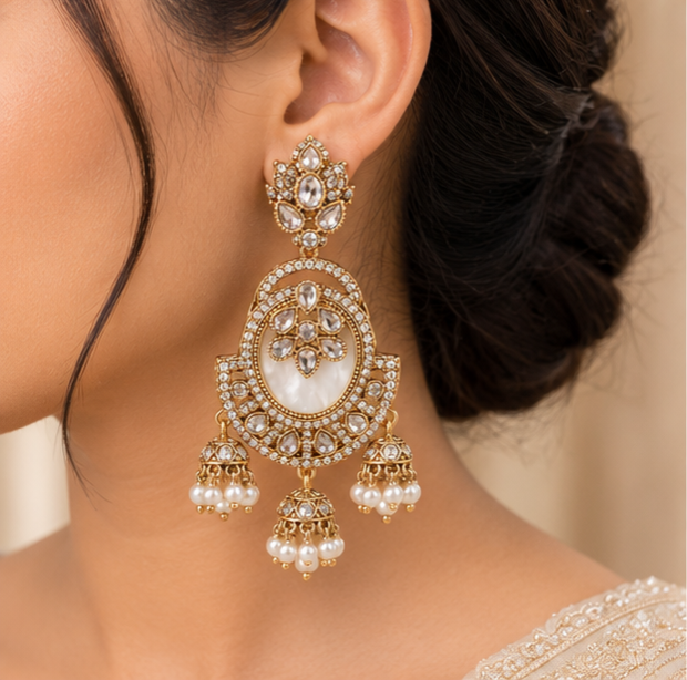 Gold-Plated Kundan Pearl Drop Earrings - Image 3