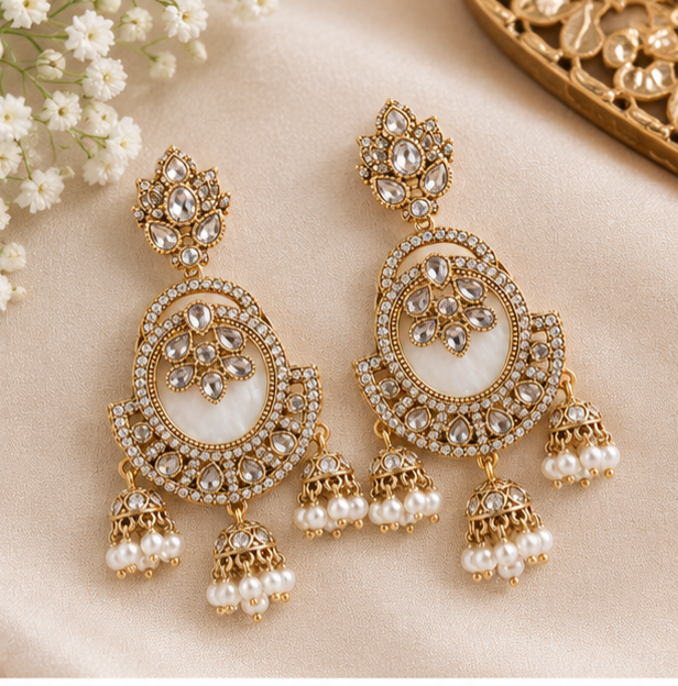 Gold-Plated Kundan Pearl Drop Earrings - Image 2
