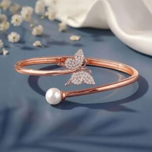 Rose Gold Sparkle Butterfly & Pearl Open Cuff Bracelet