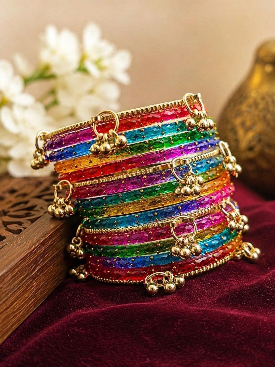 Vibrant Ethnic Churi Set with Golden Ghunghroo Charms for Women - Image 2