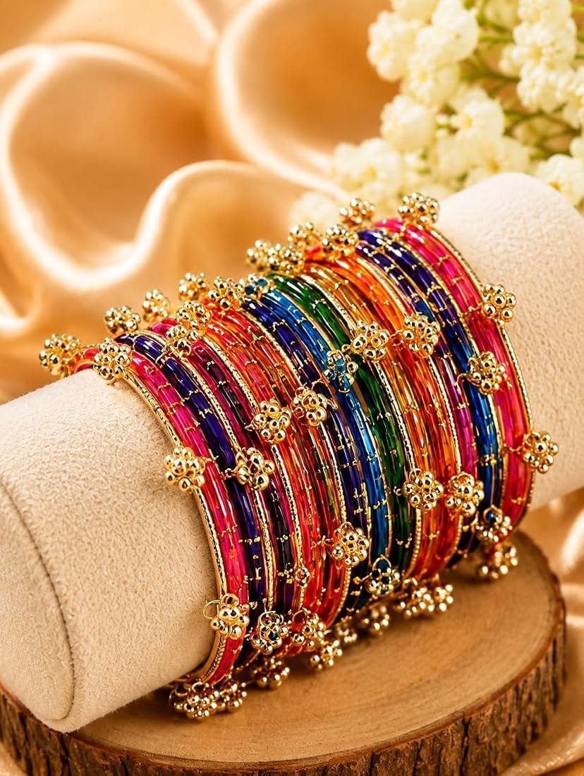 Vibrant Ethnic Churi Set with Golden Ghunghroo Charms for Women - Image 3