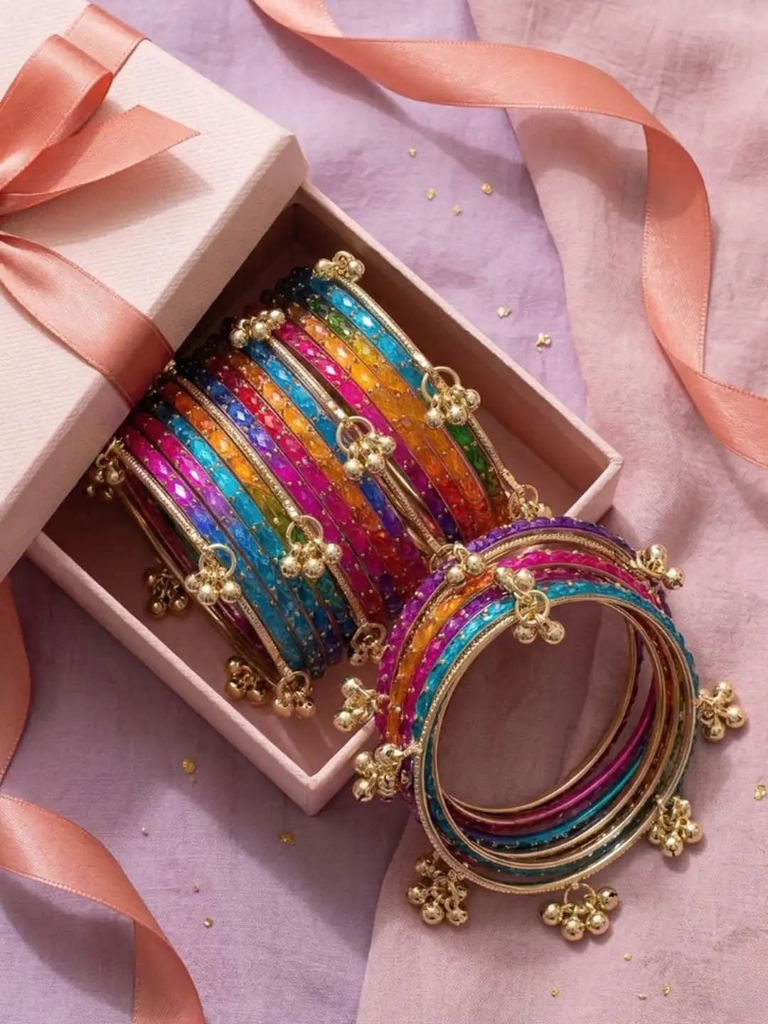 Vibrant Ethnic Churi Set with Golden Ghunghroo Charms for Women - Image 4