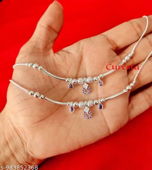 Silver-Plated Layered Anklet with Pink Crystal Charm (Payal) - Image 2
