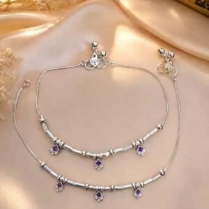 Silver-Plated Layered Anklet with Pink Crystal Charm (Payal)