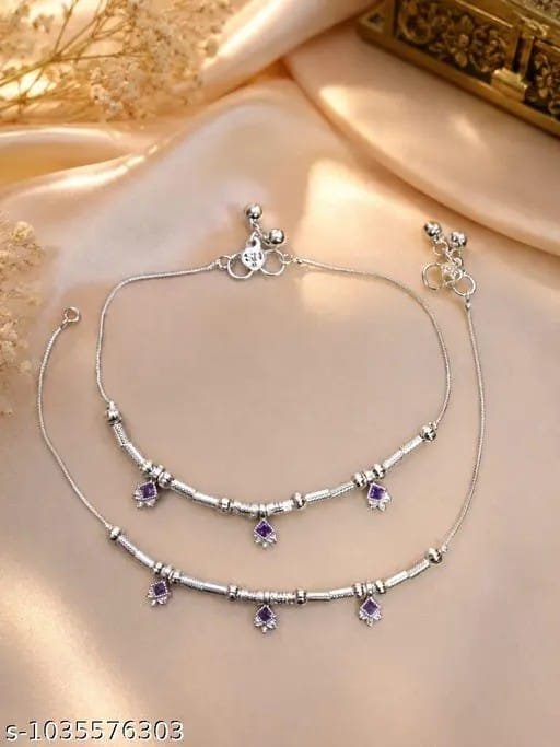 Silver-Plated Layered Anklet with Pink Crystal Charm (Payal)